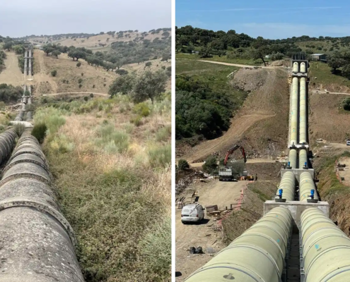 Before and After renovation of the Amiblu irrigation project Sifon del Bronco, Spain