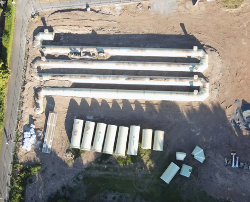 Construction of the Fulda storage sewer from a bird’s-eye view, showing 4 of the total 6 segments
