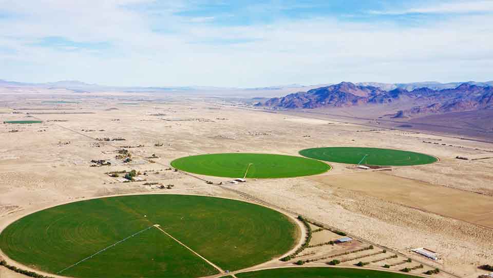 Irrigation farmland fields aerial view