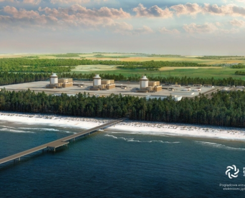 Wizualizacja pierwszej elektrowni jądrowej w Polsce, znajdującej sie w gminie Choczewo.