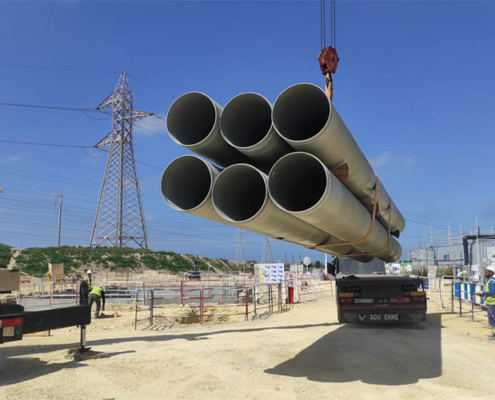 unloading of Amiblu GRP pipes at the JORF desalination plant in Morocco