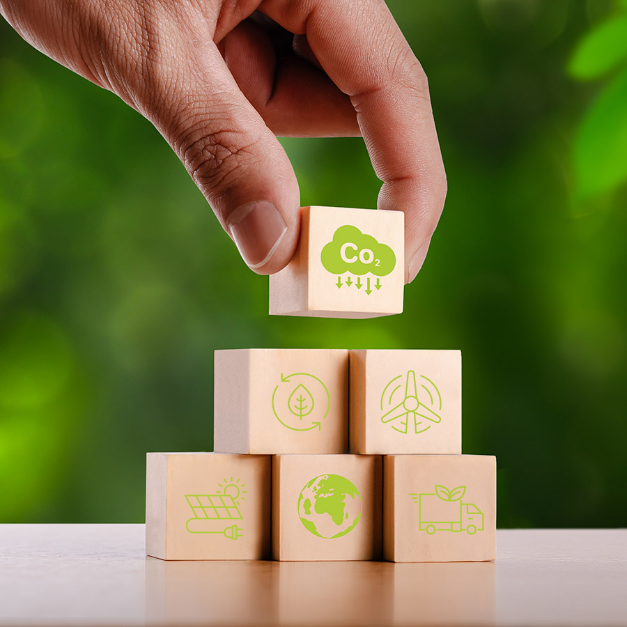 wooden blocks green Amiblu PROX icons reducing carbon emissions
